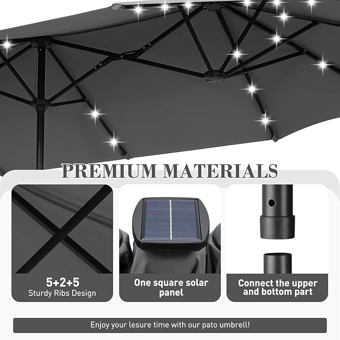 13 ft Patio Umbrella with 36 LED Lights, Large Rectangle Outdoor Solar Umbrella with Matching Base, Strap, Crank, Grey