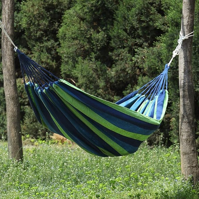 Camping Hammock,Portable Garden Hammock,Extra Long and Wide Brazilian Hammock Canvas Cotton Hammock with Carrying Bag for Patio Yard & Backyard &Porch & Outdoor/Indoor (Blue & Green Strip)