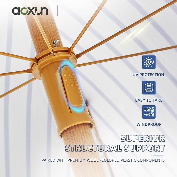 Aoxun 7ft Patio Umbrella with Fringe,Outdoor Beach Umbrella with Aluminum Pole, Ribs Push Button Tilt and Carry Bag, UV 50+ Picnic Tassel Umbrella (Blue&White)