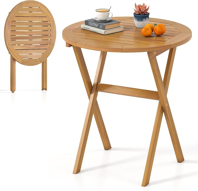 HAPPYGRILL Folding Acacia Wood Patio Table, Round Outdoor Bistro Table 26”, Outside Wooden Coffee Side Table for Porch Balcony Garden and Backyard (1)