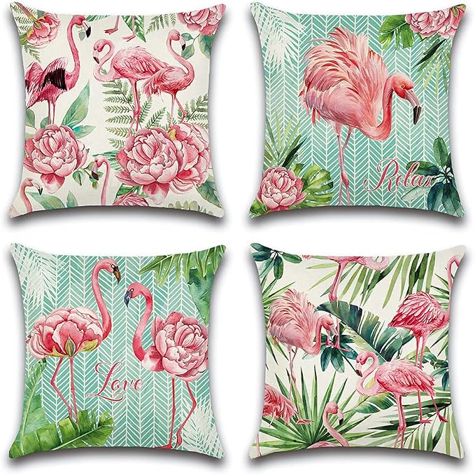 Artscope Set of 4 Waterproof Throw Pillow Covers 18x18 Inches, Flamingo and Pink Flowers Pattern Decorative Cushion Covers, Perfect to Outdoor Patio Garden Living Room Sofa Farmhouse Decor