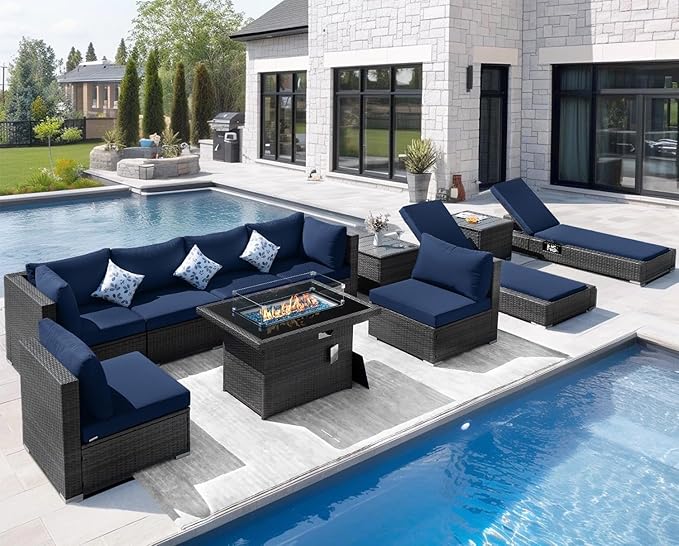 NICESOUL 11 Piece Patio Furniture Set with Fireplace Gas/Propane, 29.3'' High Back Comfortable Rattan Sofa Set w/Chaise Lounge, XL Large Wide Deep Outdoor Sectionals, 2 Color Cushion Navy Blue&Grey