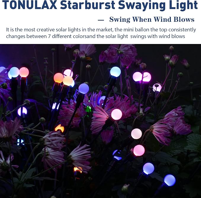 TONULAX Solar Garden Lights, Starburst Swaying Light - Swaying When Wind Blows, Solar Lights Outdoor Decorative, Color Changing RGB Light for Yard Patio Pathway Decoration(2 Pack)