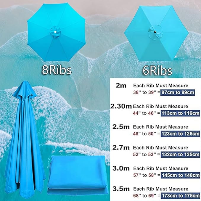 6/8 Ribs Patio Umbrella Replacement Canopy 6.5ft 7.5ft 8.2ft 8.9ft 9.8ft 11.5ft Waterproof UV Protective Replacement Parasol Fabric Cover for Garden Outdoor(Khaki,7.5ft/8ribs)