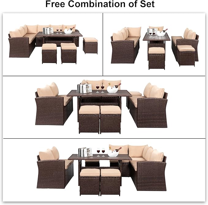 VINGLI 8 Pieces Outdoor Patio Furniture Set with Dining Table&Chairs, Wicker Patio Dining Set for 8, All Weather Outdoor Sectional Sofa Conversation Set with Ottoman