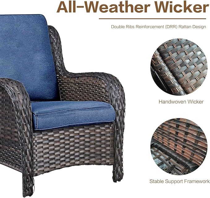 3 Pieces Patio Furniture Conversation Set PE Rattan Wicker Outdoor with 2 Armrest Chair and 1 Coffee Side Table, Soft Thick Washable Cushion for Yard Backyard Poolside (Brown/Navy Blue)