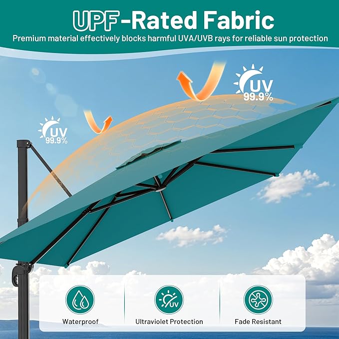 AreShark 10 × 10FT Square Cantilever Patio Umbrella with Base Included, 360° Rotation Offset Outdoor Umbrella, 5 Tilt Settings Heavy Duty Hanging Parasol for Deck Garden Pool, Lake Blue