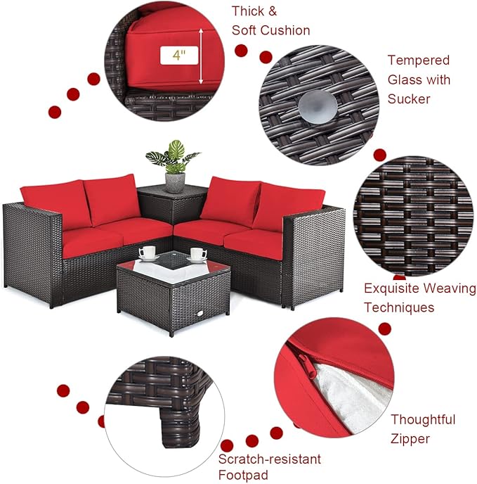 Tangkula 5-Piece Patio Furniture Set with 30 Inches Gas Fire Pit Table, Outdoor Wicker Conversation Sectional Sofa Set with Storage Box and Coffee Table, 50,000 BTU Propane Fire Pit Table (Red)