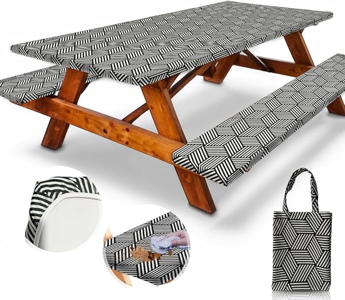 RNOONY 8ft Polyester Picnic Table Cover with Bench Covers Windproof & Waterproof Tablecloth, Perfect for Camping Gifts & RV Essentials, Cool Camping Gadgets, with Carrying Bag, 96x30 Inches, 4Pcs