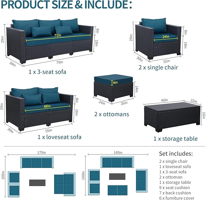 Rattaner Patio Furniture Set 7 Pieces Couch Outdoor Chairs Coffee Table Peacock Blue Anti-Slip Cushions and Waterproof Covers