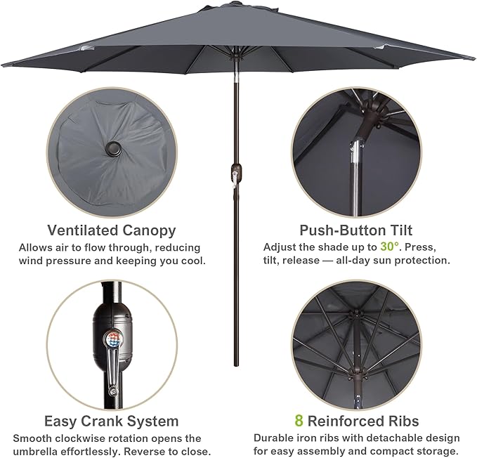 Blissun 10FT Outdoor Patio Umbrella, Outdoor Table Umbrella, Yard Umbrella, Market Umbrella with 8 Sturdy Ribs, Push Button Tilt and Crank