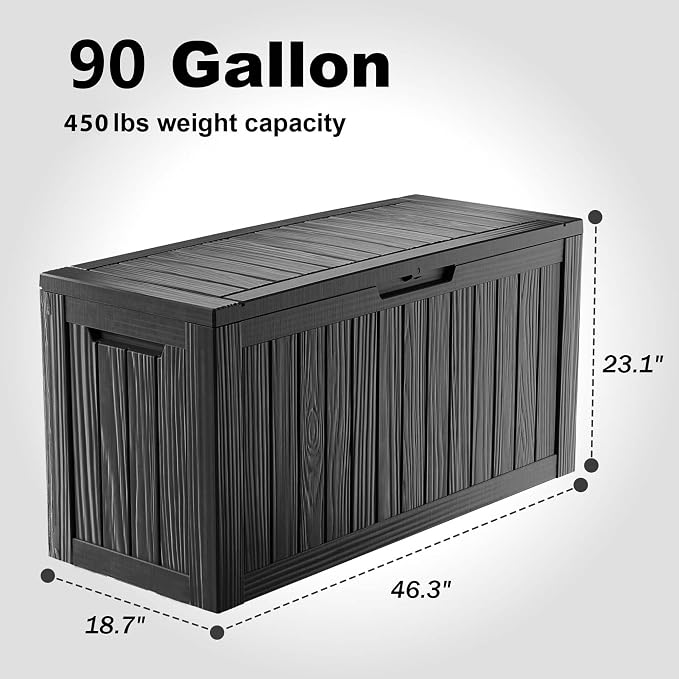 PatioZen 90 Gallon Deck Box,Resin Outdoor Storage Box with Lockable for Patio Furniture, Pool Accessories, Garden Tools Waterproof Outside Storage Box, Black