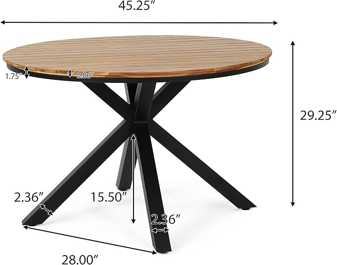 Merax 45" Round Outdoor Patio Dining Table Teak Acacia Wood Tabletop and Black Metal Leg, Modern Industrial Style Patio Dining Table