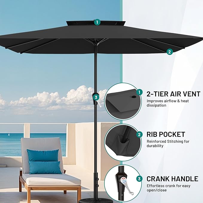 AreShark 8'x10' 2 Tiers Rectangular Patio Umbrella - Outdoor Umbrella Waterproof UV Protection, Market Table Umbrella w/Crank for Pool, Backyard, Deck(Black)