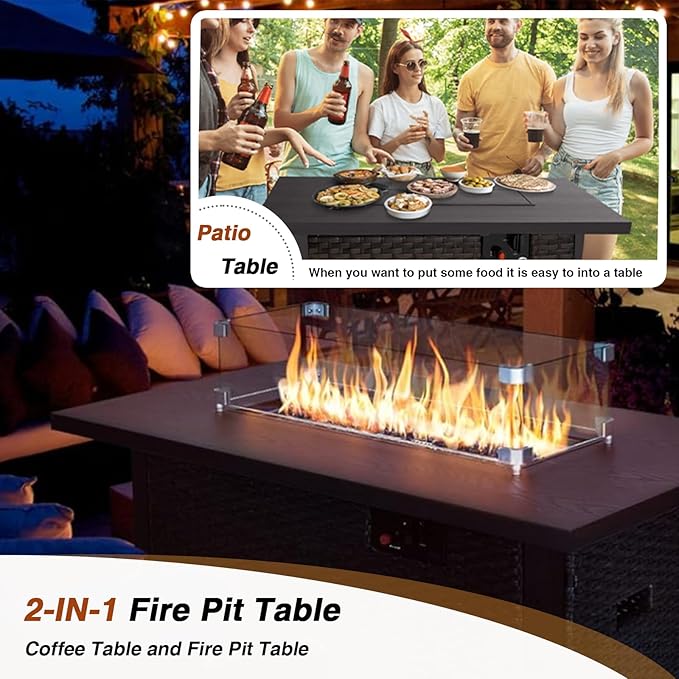 Patio Furniture Set with Fire Pit Table, Outdoor Sectional Rattan Sofa Set, Patio Set Seating Furniture with Thickened Cushions (Black, 9 Pieces)