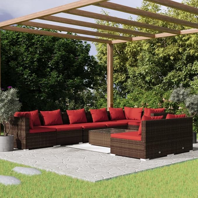 9 Piece Patio Lounge Set with Cushion, Furniture Conversation Sets Outdoor Patio Sectional Piece Patio Set Patio Lounge Set s Brown Poly Rattan