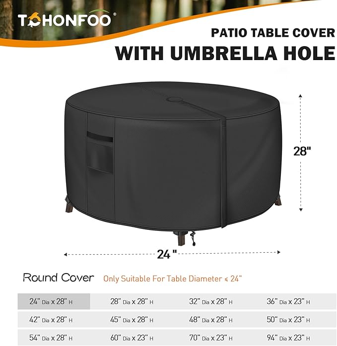 Round Patio Table Cover with Umbrella Hole - 24" Dia x 28" H (Cover Size，NOT Table Size) Heavy Duty Waterproof 600D Oxford Fabric Outdoor Lawn Patio Furniture Covers