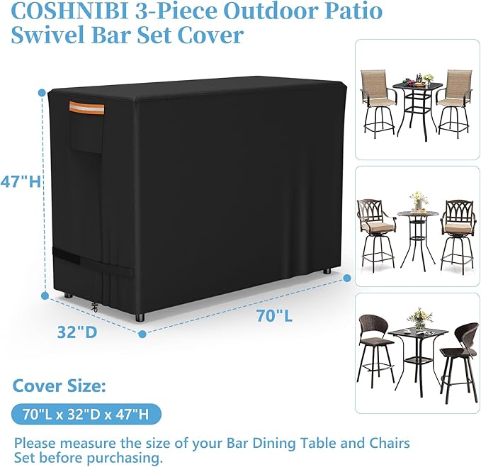 COSHNIBI Bar Height Patio Swivel Set Cover for 3 Pieces Patio Bar Dining Table and Chairs Set, Heavy Duty Waterproof Patio Bar Set Cover for 2 Person Outdoor Bar Height Sets,70"L x 32"W x 47"H,Black