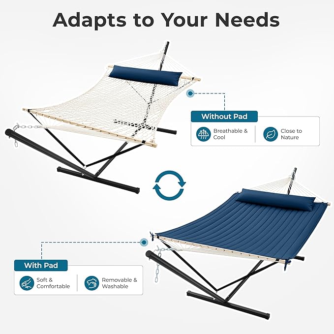 SUPERJARE 12ft Double Hammock with Stand, Rope Hammock for 2 Person, Detachable Hammock Bed and Pillow, Portable, Anti-Tip Safety Ropes, Carry Bag, Outdoor Backyard Patio Camping, Navy Blue
