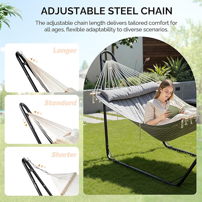 ONCLOUD Double Hammock with Stand for Outside, Rope Hammock with Pillow and Pad, Heavy Duty Hammock Set for Backyard, 550 LBS (Grey)