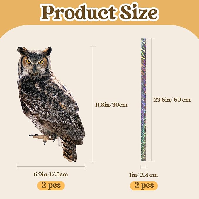2PCS Fake Owl to Keep Pigeon Away from Balcony Flat Garden Owls with Reflective Tape Plastic Owl to Scare Pigeon Woodpecker for Outdoor House Patio Yard WindowFront Porch Backyard
