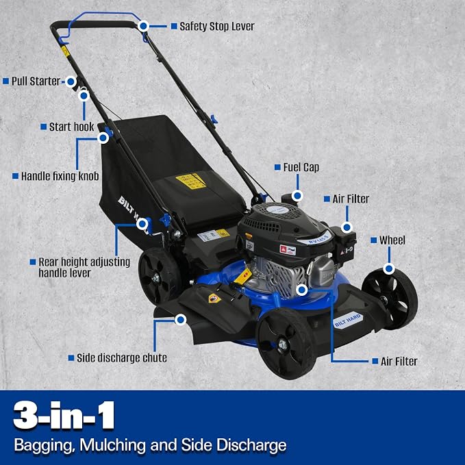 BILT HARD 21 Inch Lawn Mower Gas Powered, 4-Cycle 144cc Engine, 3-in-1 Push Lawnmower with Bagging, Mulching & Side Discharge, Adjustable 8-Positions Cutting Height, Easy Start