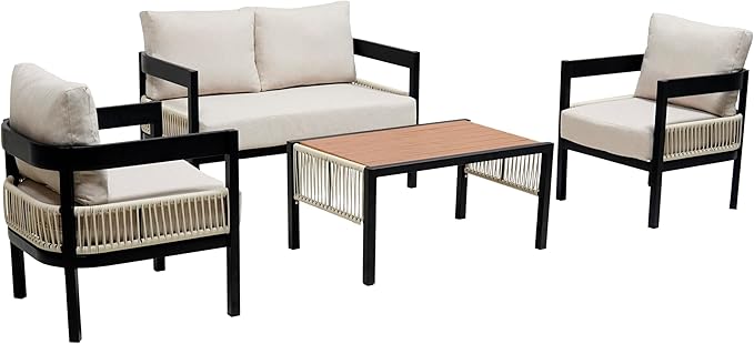 4-Pieces Outdoor Patio Sofa Set with Coffee Table, All-Weather Conversation Set with Thick Cushions and Pillows for Garden Backyard Balcony, Iron Frame&Wood Tabletop (Beige-3.17)