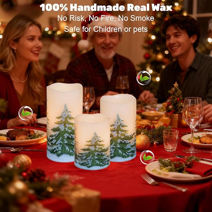 Wondise Rechargeable Christmas Tree Flameless Candles with 6H Timer, Battery Operated LED Real Wax 3D Wick Candles with Charging Base, Set of 3 Christmas Home Decoration Gifts(3 x 4 5 6 Inch)