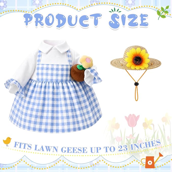 FuWeave Spring Summer Goose Outfit Porch Goose Clothes for 23" Large Statue Outdoor Patio Yard Lawn Art Decoration, Blue Plaid Dress Sunflower Hat