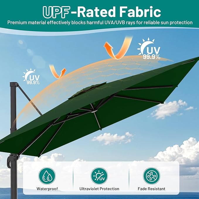 AreShark 9 × 9FT Square Cantilever Patio Umbrella with Base Included, 360° Rotation Offset Outdoor Umbrella, 5 Tilt Settings Heavy Duty Hanging Parasol for Deck Garden Pool, Dark Green
