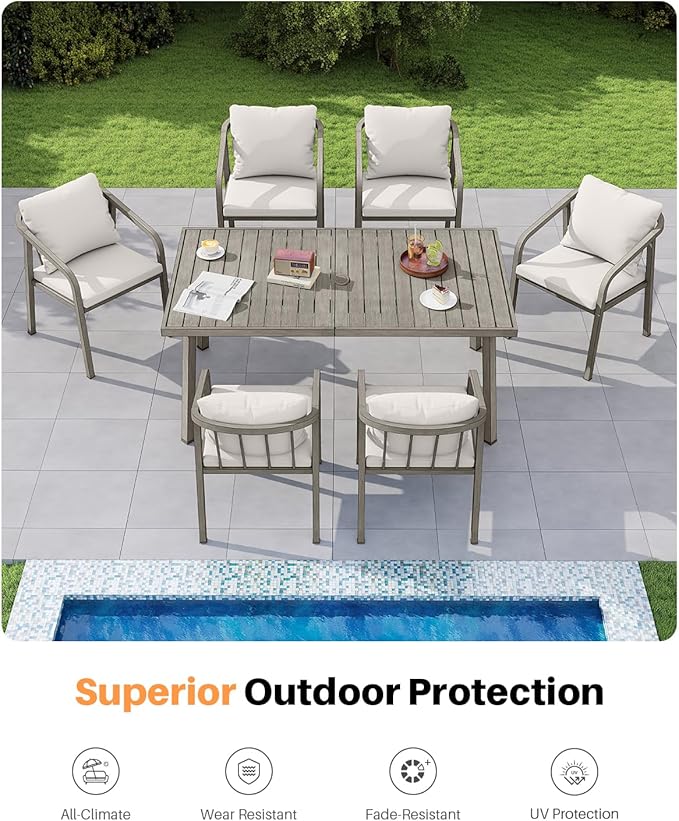 7-Piece Patio Dining Set, Never-Rust Aluminum Outdoor Dining Set for 6, Patio Table and Chairs Set with Washable Cushions, Outdoor Furniture Set for Courtyard, Deck, Commercial, Gray Oak
