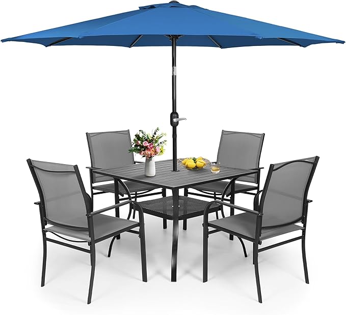 Crownland 5 Piece Patio Dining Set, Outdoor Textilene Dining Sets, 4 Textilene Metal Chairs and Square Outdoor Dining Table with Dark Blue 9FT Round Outdoor Umbrella (Grey)