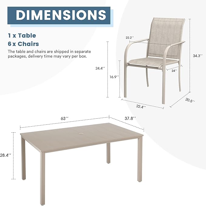 DIFY 7 Pieces Outdoor Patio Dining Set for 6, 63" Sandshell Rectangle Metal Dining Table and 6 Sandshell Stackable Sling Dining Chairs, Outdoor Table and Chairs for Lawn Garden Backyard Deck