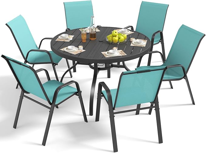 Outdoor Patio Dining Set for 6, 7 Pieces Patio Table and Chairs Set with Umbrella Hole, 47"x 47" Round Metal Wood-Grain Dining Table Set with 6 Stackable Patio Chairs for Deck , Backyard, Porch