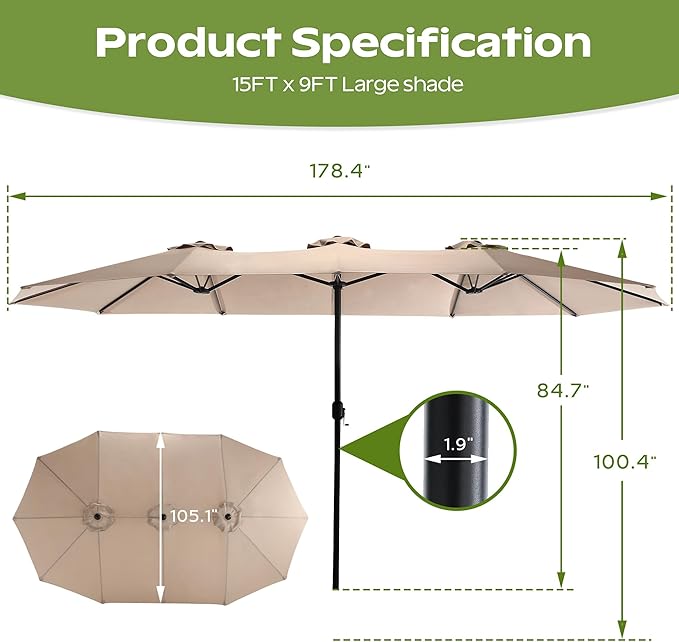 15ft Umbrella Outdoor Patio - Double-Sided Large Market Rectangle Umbrellas with Crank Handle for Patio Garden Yard Pool (No Base)