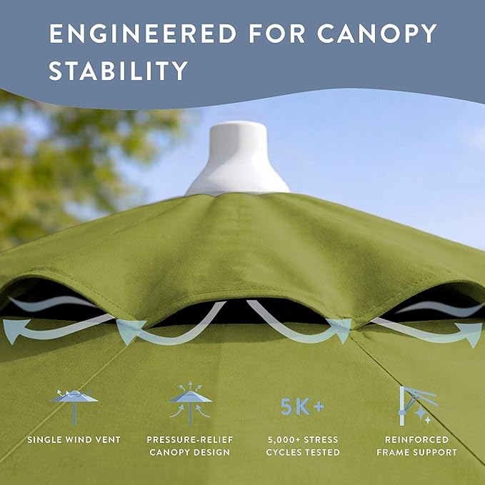 California Umbrella 10-Year Protection 9 Ft Outdoor Patio Umbrella, Pacifica Fade-Resistant Fabric, Auto-Tilt, Heavy Duty Aluminum Frame, 8 Reinforced Ribs for Pool or Deck, White Pole, Ginkgo