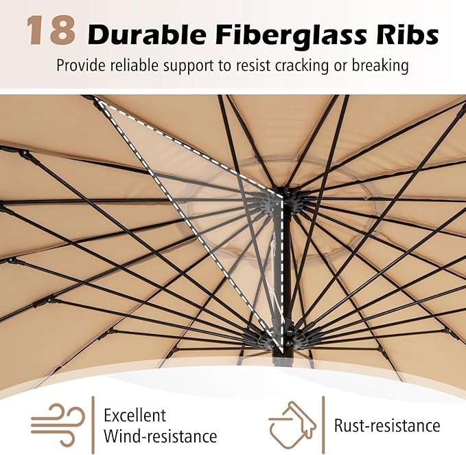 Tangkula 9FT Round Patio Umbrella, Outdoor Market Umbrella with 18 Fiberglass Ribs, Push Button Tilt, Crank, Fade-resistant Canopy & Ventilation, Aluminum Table Umbrella for Backyard, Pool (Tan)