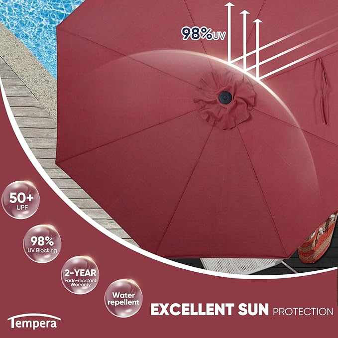 Tempera Patio Market Outdoor Table Umbrella with Push Button Tilt and Crank, Large Sun Umbrella with Sturdy Pole & Fade Resistant Canopy, Easy to Set