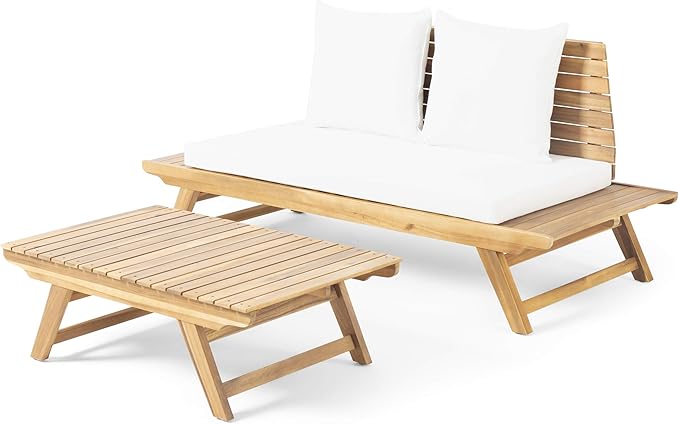 Christopher Knight Home Outdoor 2 Seater Acacia Wood Loveseat and Coffee Table Set, Teak and White