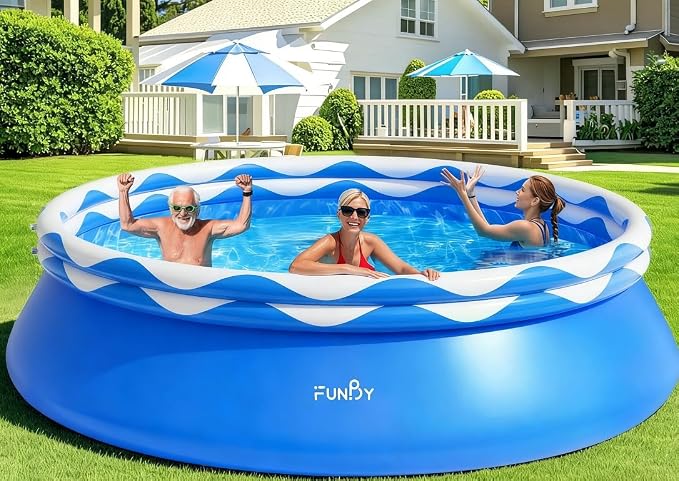 FunBy Upgraded Double Rings Inflatable Above Ground Swimming Pool Easy Set for Adults, Inflatable Top Rings Above Ground Swimming Pool, Water Ripple Print, 500 Gal Capacity (8ftx25in)