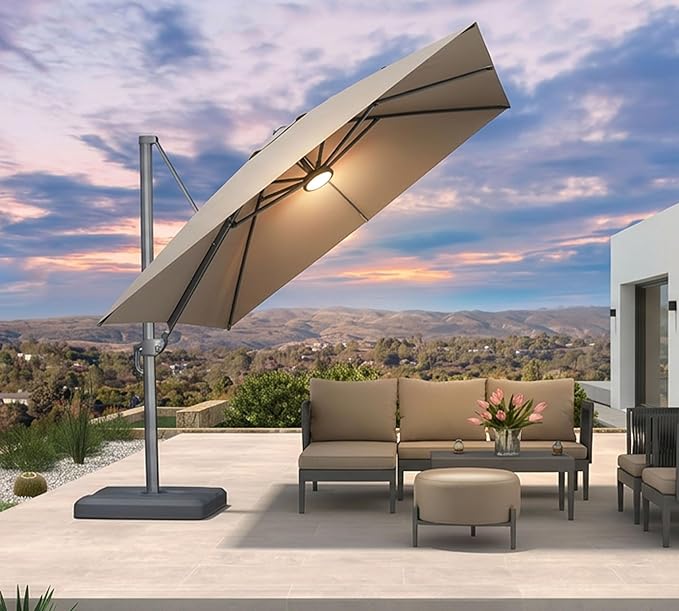 PURPLE LEAF Patio Umbrella 10' X 10' Cantilever Umbrella with Central Lights and Base Aluminum Outdoor Umbrellas with 360-degree Rotation & UPF40+ Fabric for Deck Pool Garden Yard, Ash Mocha
