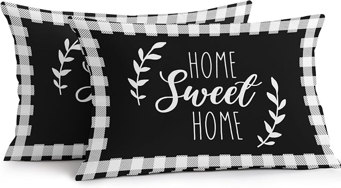 Home Sweet Home Waterproof Outdoor Pillow Covers Set of 2 Home Decor, Leaves Black Buffalo Plaid Lumbar Pillowcase Patio Pillow Covers for Couch Bench Patio Furniture Garden 20x12in
