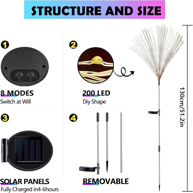 2 Pack Solar Firework Lights Outdoor, Adjustable 32" to 51" Extra Tall, 200 LED Stainless Steel 3-Section Pole, 8 Modes Waterproof Starburst Garden Lights for Yard Pathway Walkway Decor