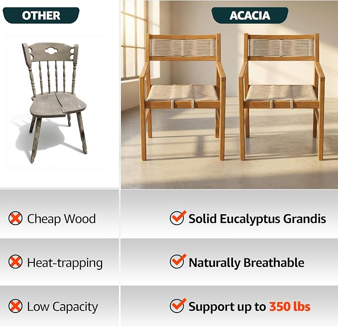 Acacia Heritage Woven Rope Wood Armchair, Set of 2 - Handcrafted Outdoor Patio Dining Chairs with UV Resistant Finish - Solid Wood Boho Accent Seating for Deck, Porch & Backyard, Natural