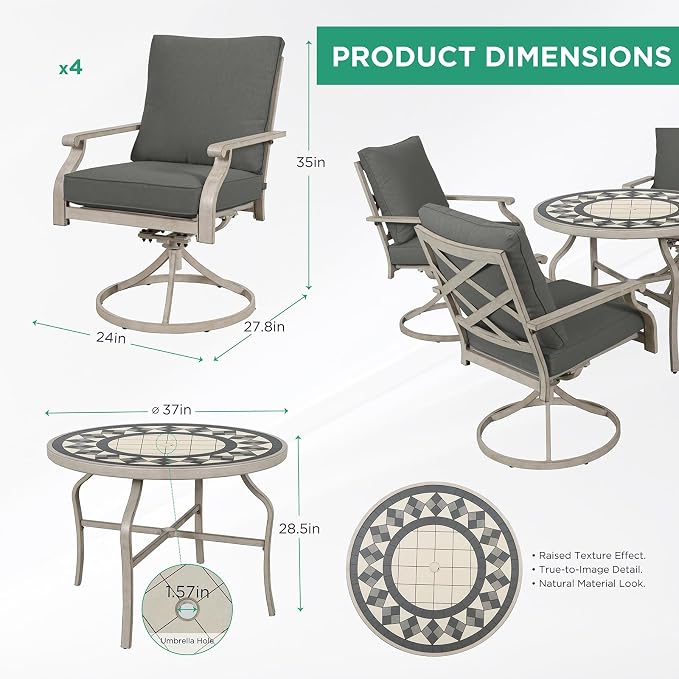5-Piece Patio Dining Set, 4 Swivel Chairs with Removable Thickened Cushions & a 3D Textured Table with Umbrella Hole, All-Weather Furniture for Backyard, Garden, Lawn, Grey