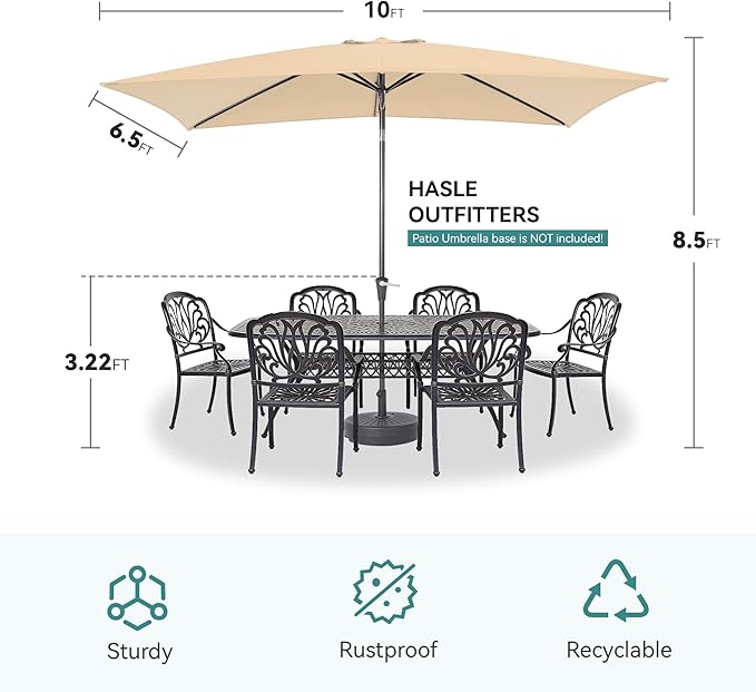 Rectangular Patio Umbrella, 6.5 x 10 ft Rectangle Table Umbrellas w/Heavy Duty Ribs, Effortless Crank and Push Button Tilt, Wind Resistant Sun Umbrella for Outdoor Patio, Beige