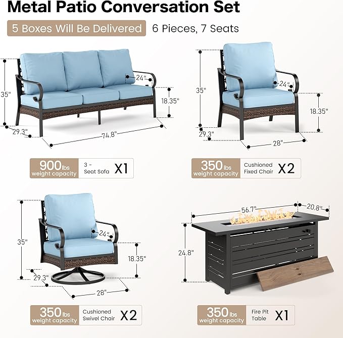 6 Piece Black Metal Outdoor Patio Furniture Sets with Firepit Table, Patio Conversation Sets 1 3-Seater Sofa, 2 Leg Chair and 2 Swivel Chair with 5.75" Cushion for Backyard Deck, Blue
