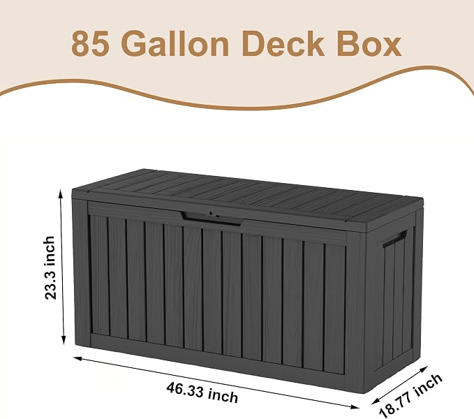 DRATO 85 Gallon Outdoor Deck Box, Weather-Resistant Resin Patio Storage Box with Hydraulic Rod, Large Capacity Storage Bin for Garden Tools, Pool Towels, Outdoor Cushions & Toys (Black)