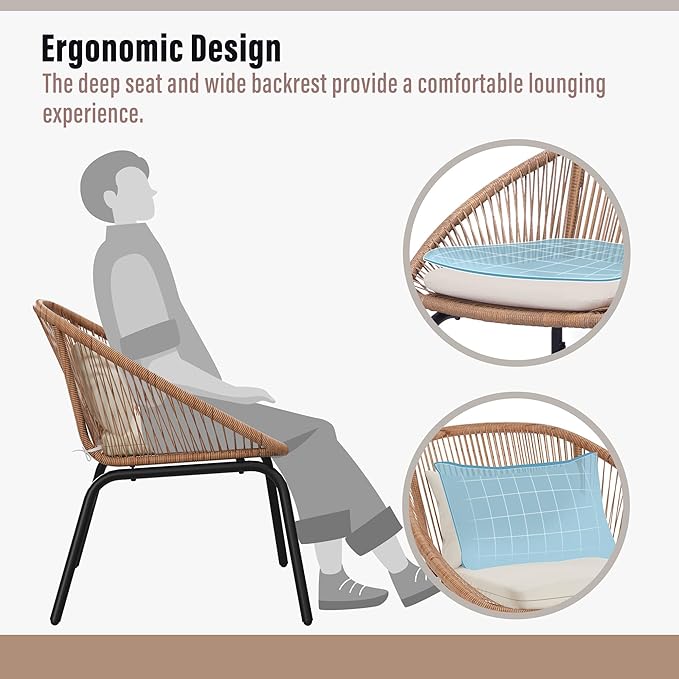 LAUSAINT HOME 3-Piece Outdoor Patio Set, All-Weather Wicker Rattan, Conversation Bistro Set with 2 Deep Seating Chairs & Coffee Table for Garden, Deck, Balcony, Porch, Backyard (Synthetic, Waterproof)