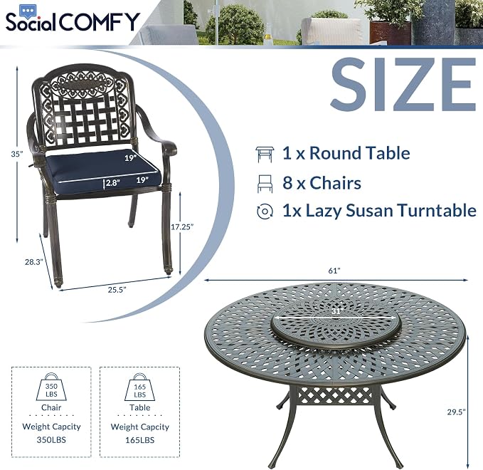 9-Piece Patio Cast Aluminum Dining Set, Outdoor Dining Furniture Set for 8 Person, Includes 8 Cushioned Chairs and 61" Large Round Dining Table W/ 31" Lazy Susan, Umbrella Hole, Navy Blue
